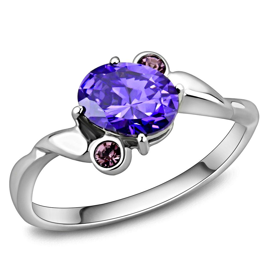 TK3525 - High polished (no plating) Stainless Steel Ring with AAA Grade CZ in Tanzanite