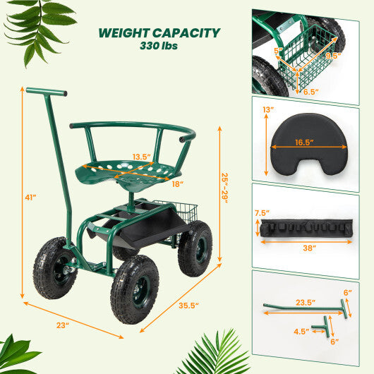 Costway Rolling Garden Cart with Height Adjustable Swivel Seat and Storage Basket-Green