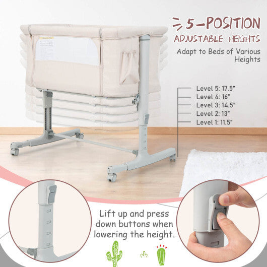 Babyjoy 3-in-1 Baby Bassinet Beside Sleeper Crib with 5-Level Adjustable Heights Beige