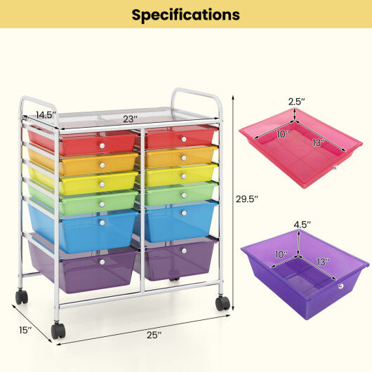 Costway 12 Drawers Rolling Cart Storage Scrapbook Paper Organizer Bins-Transparent Multicolor