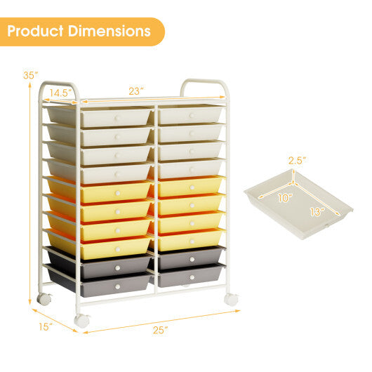 Costway 20 Drawers Storage Rolling Cart Studio Organizer-Yellow
