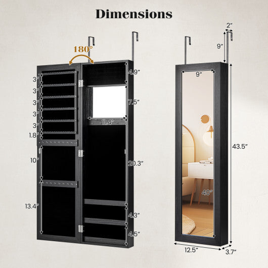 Costway Full Length Mirror Jewelry Cabinet with Ring Slots and Necklace Hooks-Black