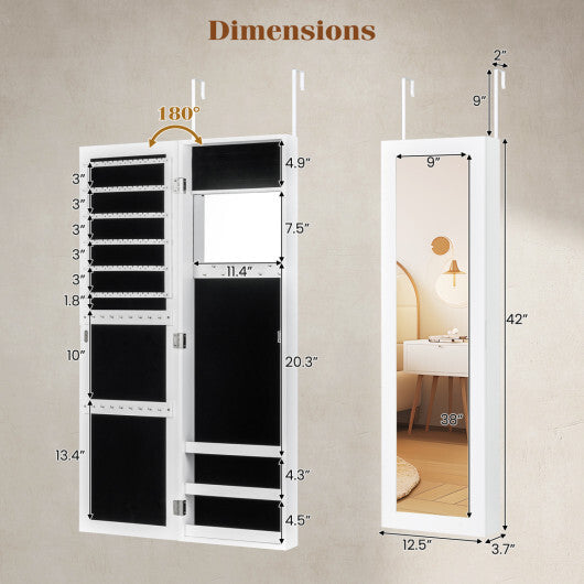 Costway Full Length Mirror Jewelry Cabinet with Ring Slots and Necklace Hooks-White