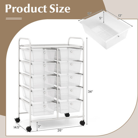 Costway 10-Drawer Rolling Storage Cart-Transparent