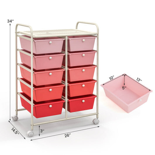 Costway 10-Drawer Rolling Storage Cart-Gradient Pink