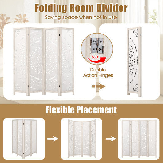 Costway 66 Inch Boho 4-Panel Room Divider Privacy Screen with Carved Pattern
