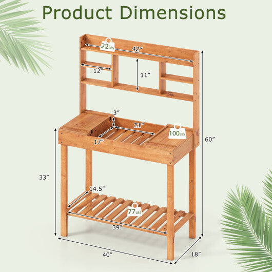 Costway Potting Bench Table with Flip-up Tabletop Storage Shelves for Patio Porch Balcony Brown