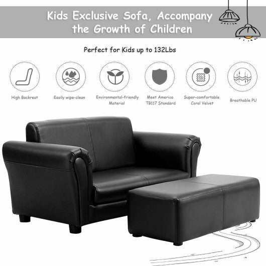 Costway Black/White Kids Double Sofa with Ottoman-Black