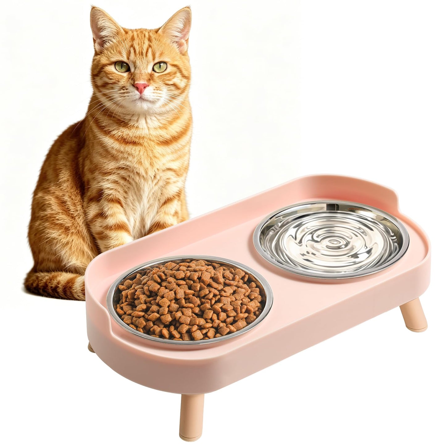 Elevated Cat Bowls Set - Raised Cat Food And Water Bowl Set With Non Slip Stand - Pet Feeding Station With 2 Stainless Steel Bowls