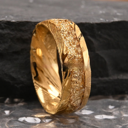 Middle Inlaid Gold Foil Damascus Steel Ring