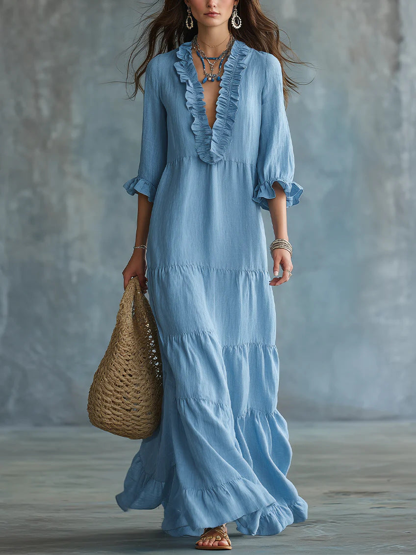 Womens V-neck Layered Casual Flowing Maxi Dress With Ruffled Hem