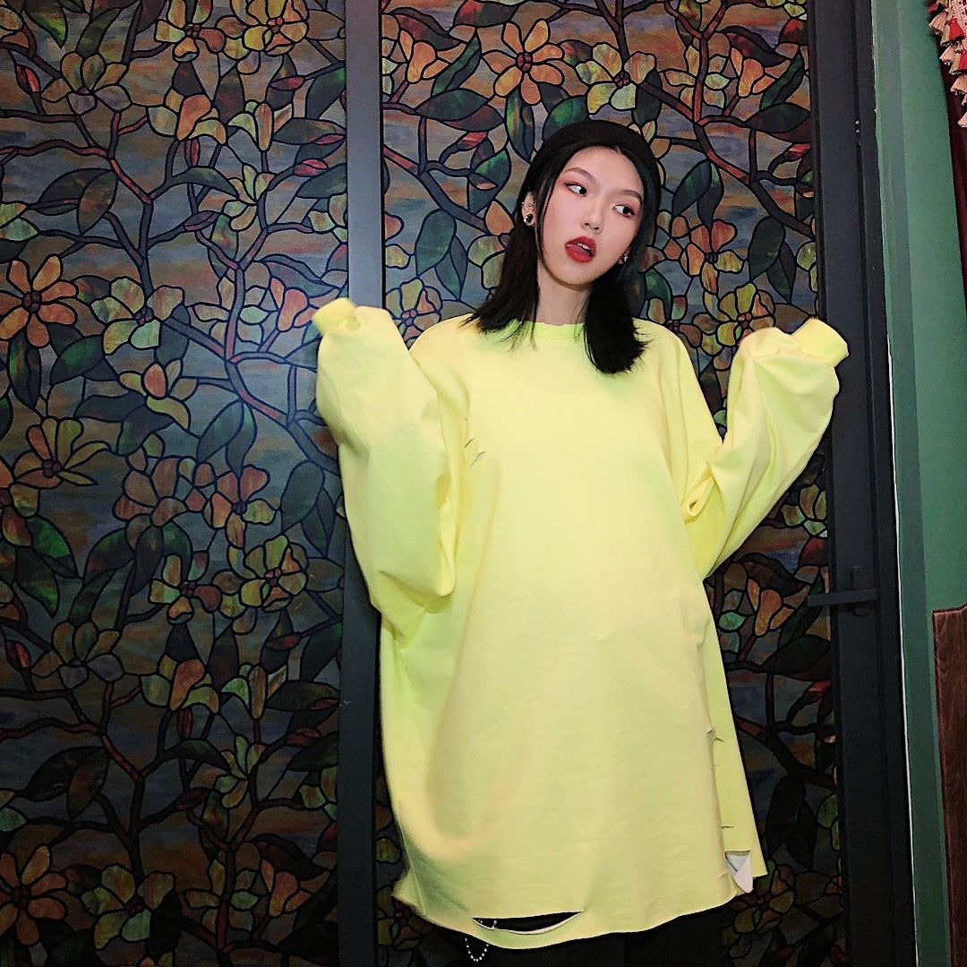 Fluorescent Green Oversized Cutout T-Shirt Sweatshirt