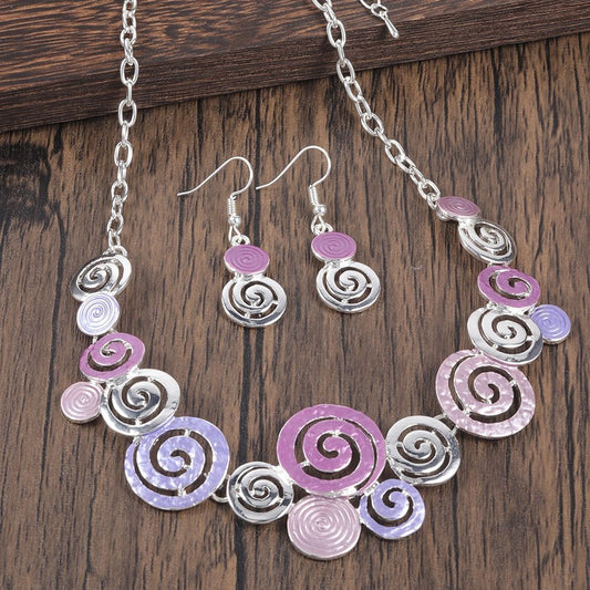 Zinc Alloy Geometric Round Spiral Color Oil Necklace Hollow Design Eardrop Set