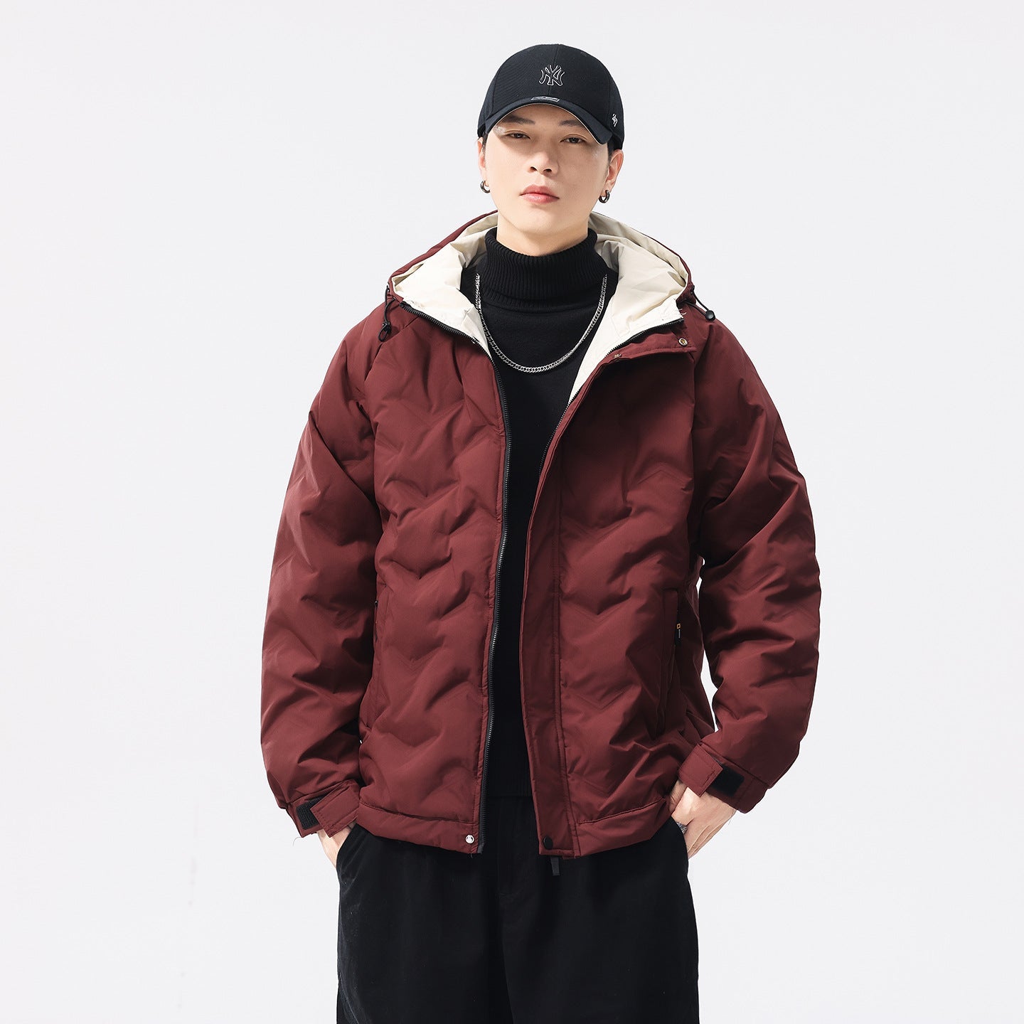 Winter Color-blocked Hooded Quality Versatile Casual Men's Light Luxury Cotton Jacket