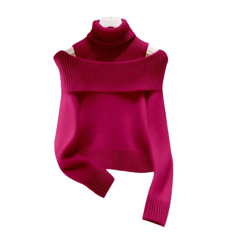 Soft Glutinous Idle Style Off-the-shoulder Bulky Turtleneck In Apricot Sweater