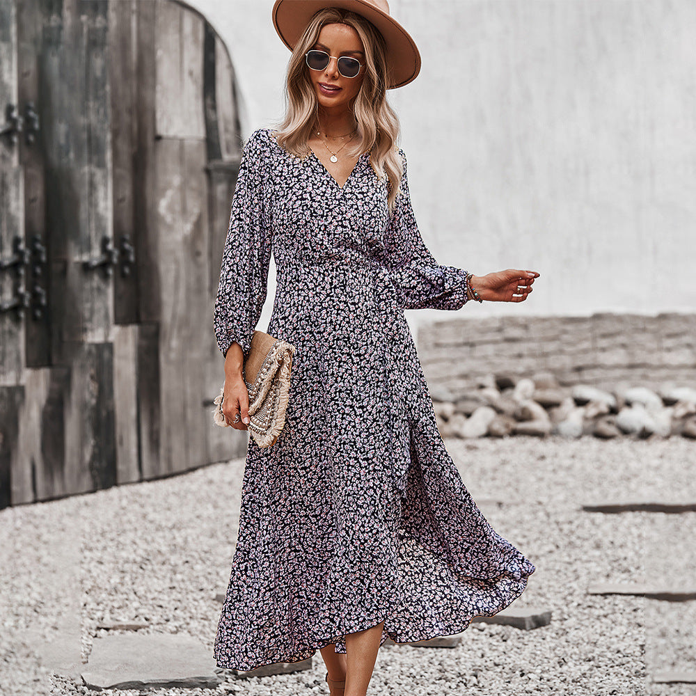 Autumn And Winter Floral Dress With Chest Wrap And Tie Large Swing Skirt Leisure Holiday Style