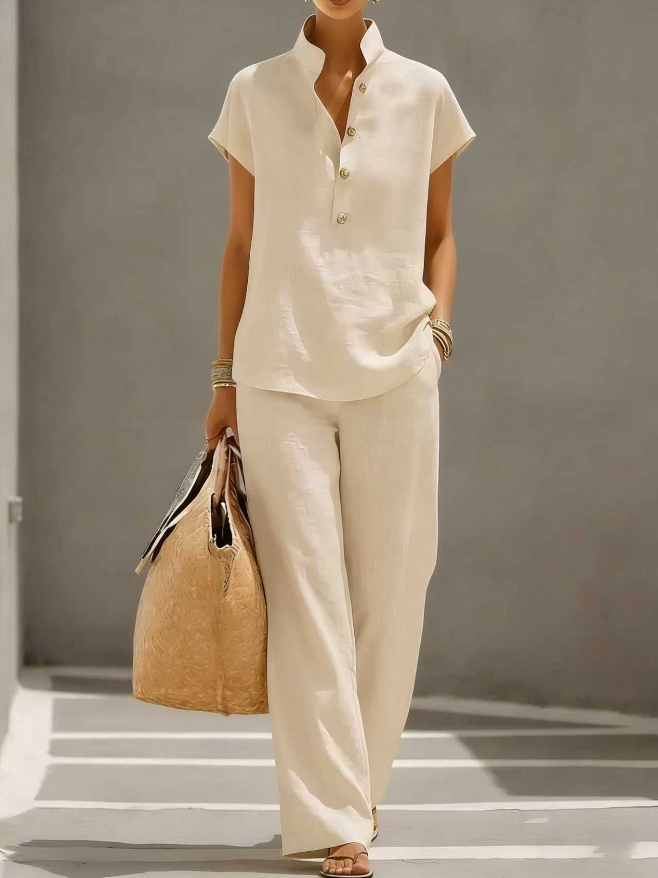 Casual Lazy-Style Cardigan Short-Sleeve Pants Solid-Color Set
