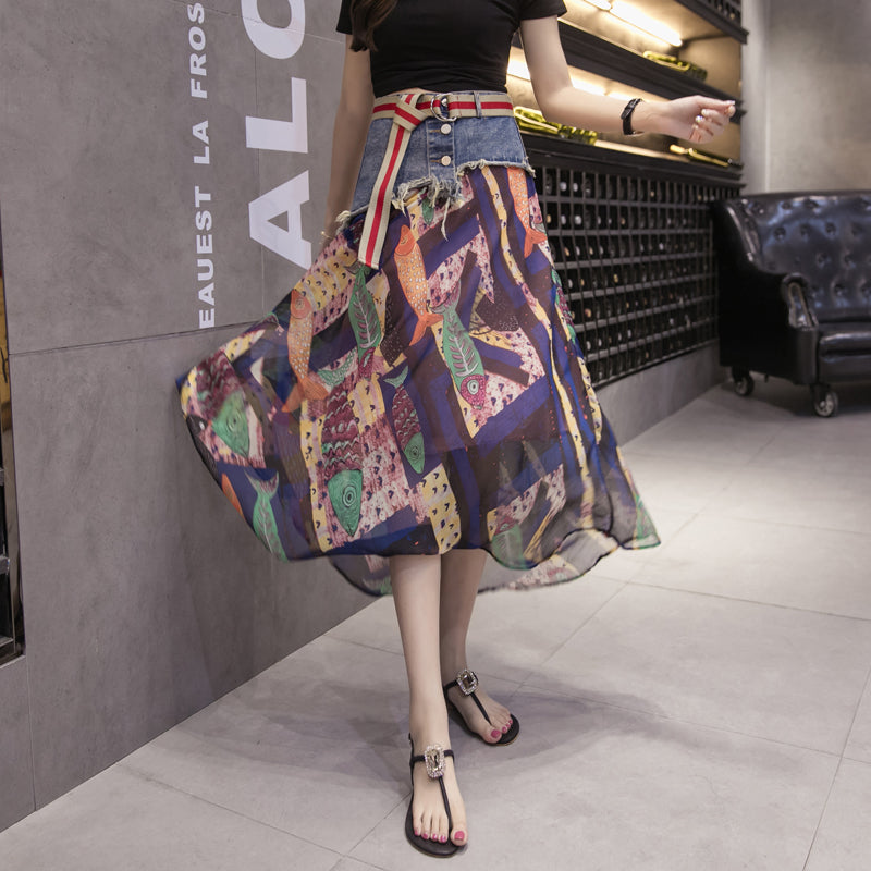 Mesh Stitching Denim Skirt