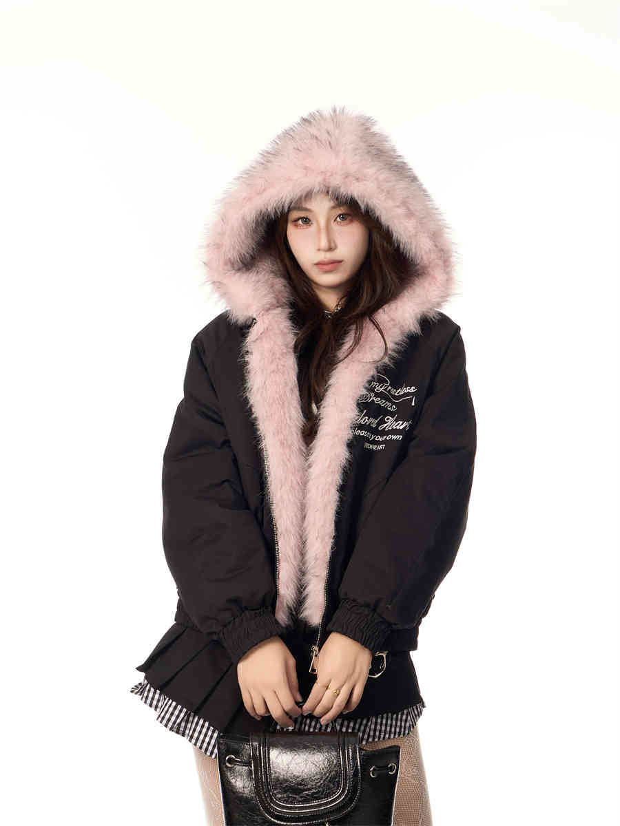 Vintage Plush Hooded Reversible Cotton-padded Coat