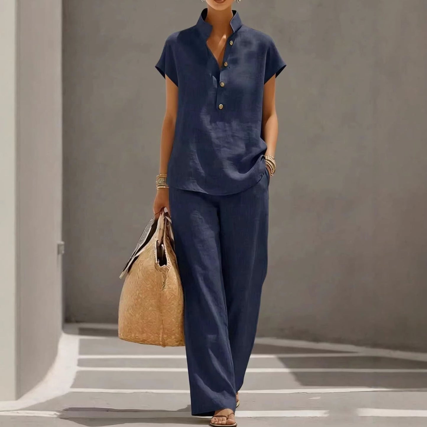 Casual Lazy-Style Cardigan Short-Sleeve Pants Solid-Color Set