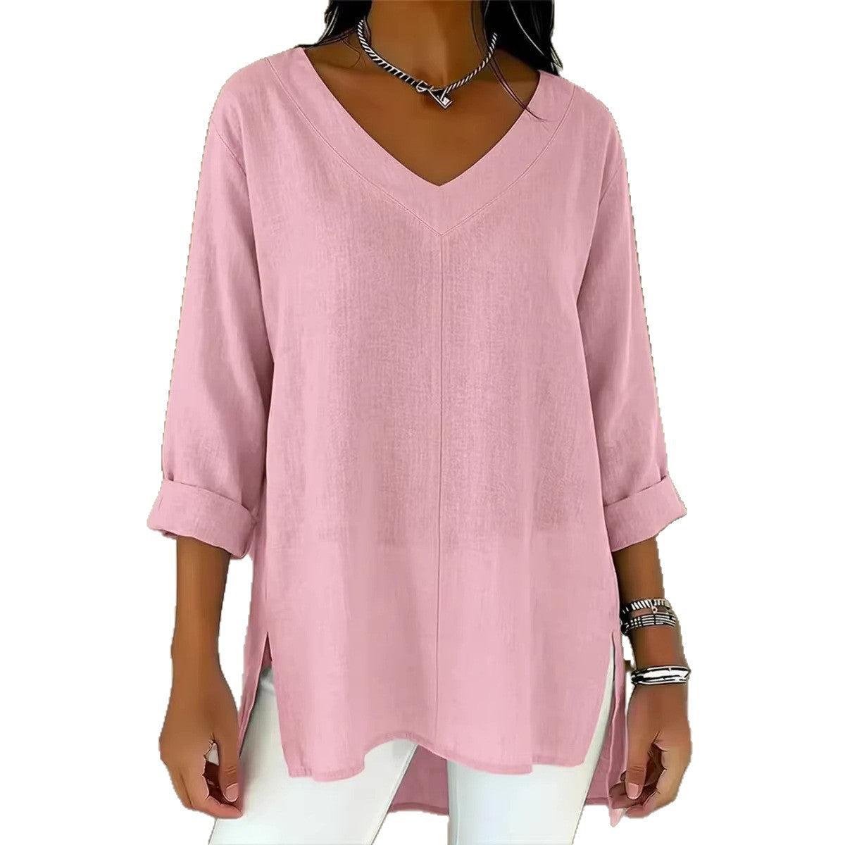 Street-style Solid-color V-neck Loose-fitting Top