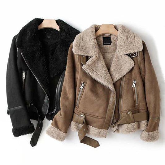 Women's Winter Suede Motorcycle Jacket - Lamb Wool Lined Lapel Coat in Black & Khaki