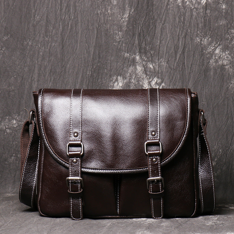 Mens Full-Grain Leather Large-Capacity Shoulder Bag