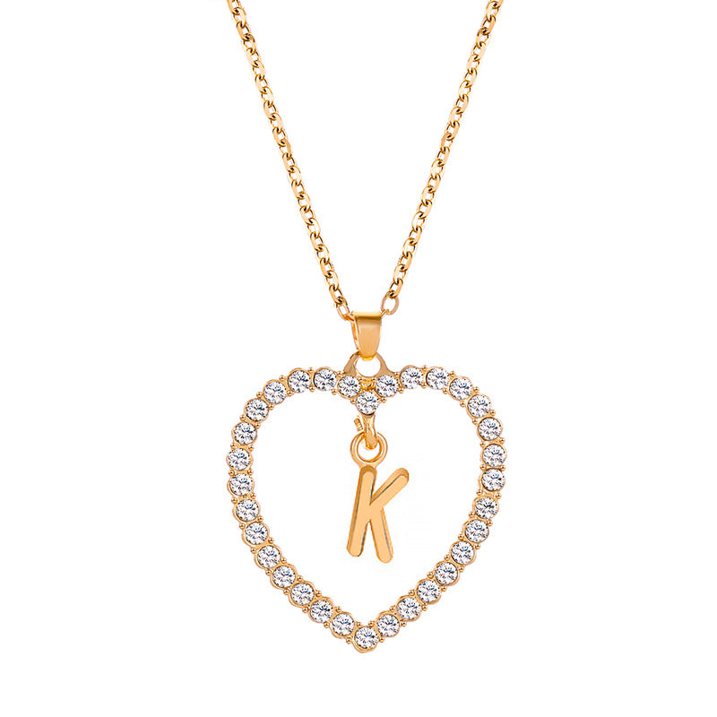 Womens Stylish & Minimalist Diamond-Encrusted 26-Letter Heart Pendant Necklace