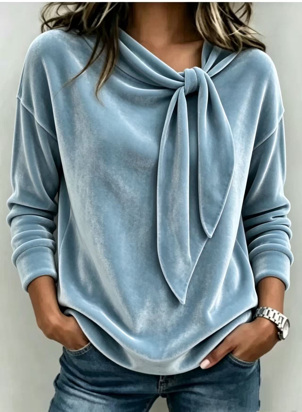 Womens Velvet Sweater With Bow-Knot