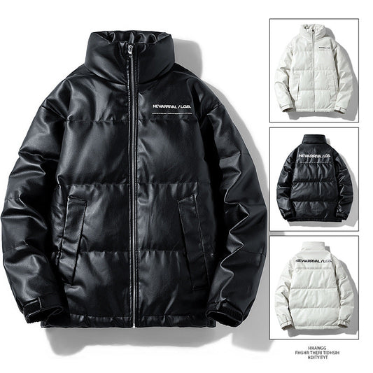 Men's Casual Down Jacket Vintage Stand Collar PU Leather Jacket