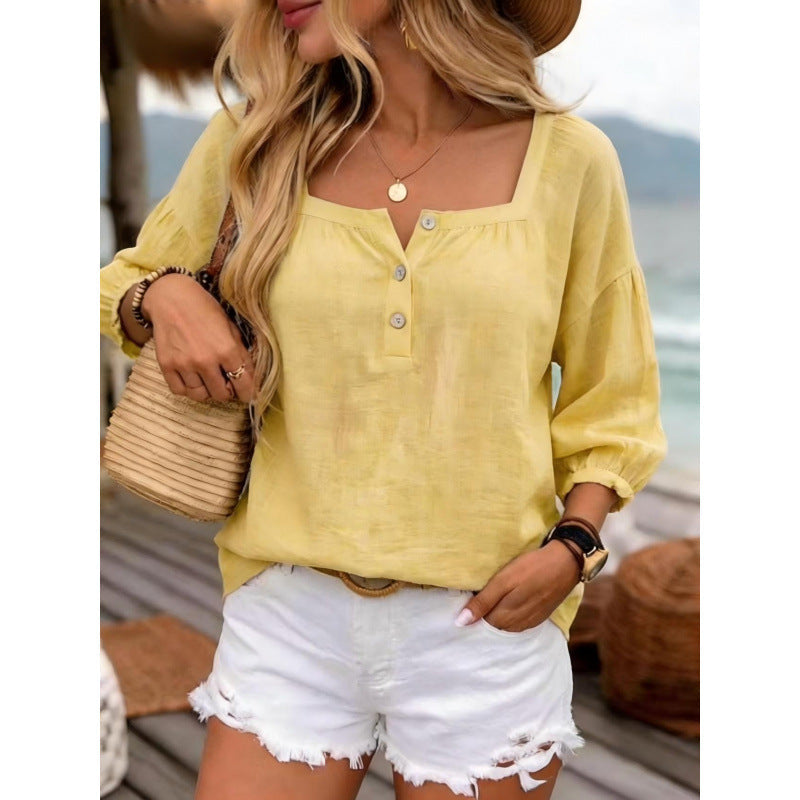 Casual Resort-style Linen Top With Three-quarter Sleeves
