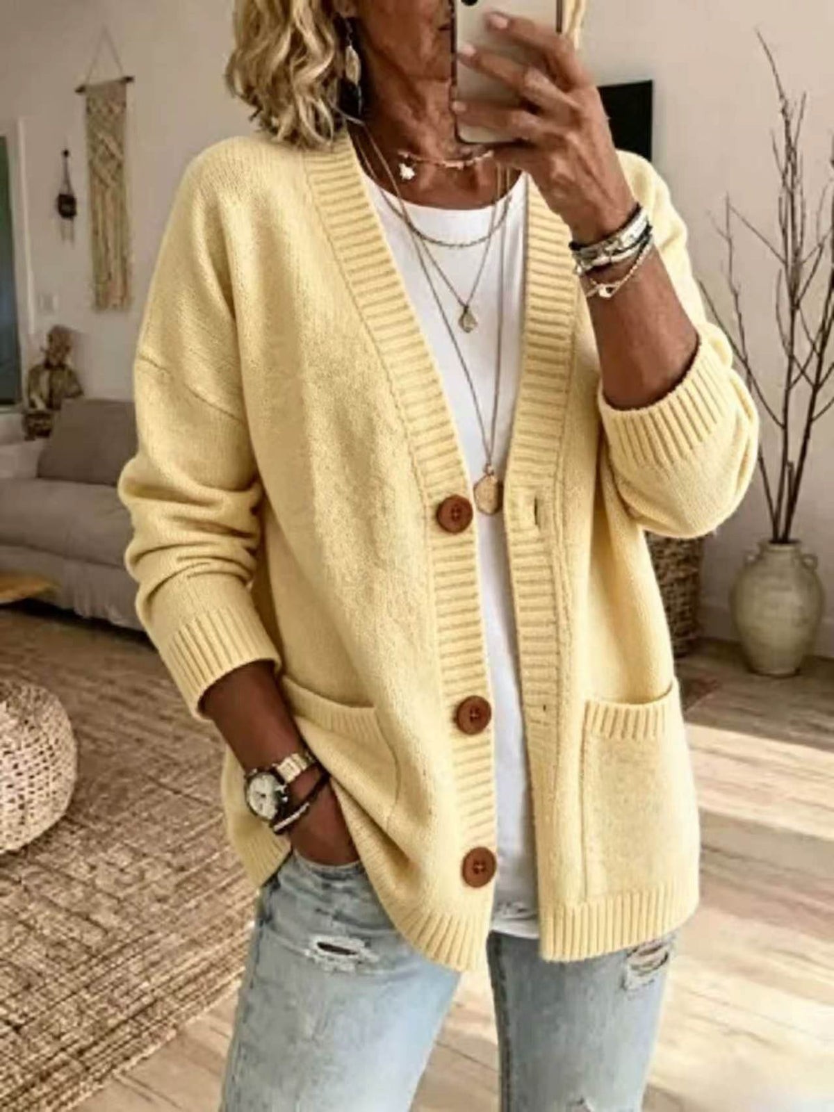 Womens Loose-fit V-neck Knit Sweater Jacket