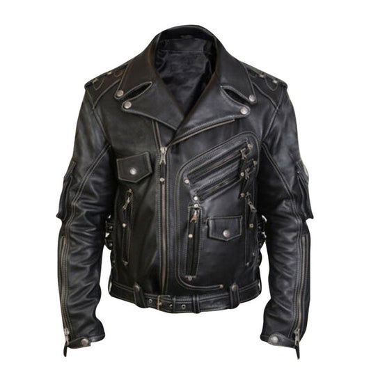Men's Leather Jacket with Zipper and Multi-Pockets
