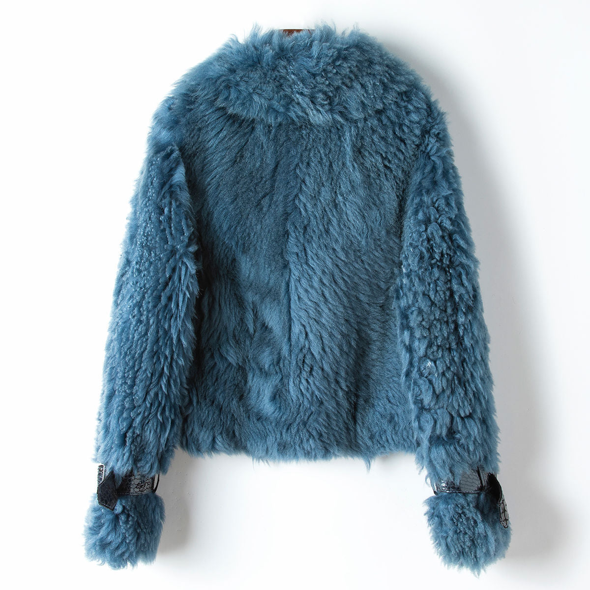 Cotton Jacket with Teddy Fur Collar in Denim Blue