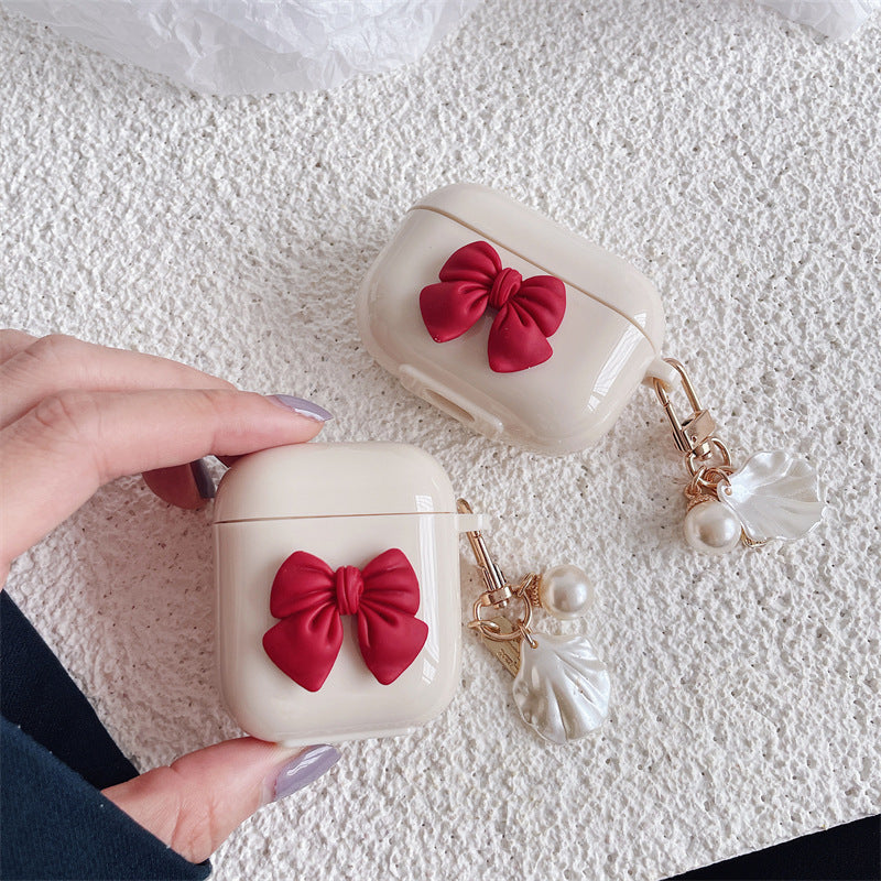 Beige Red Bow Shell Pendant Wireless Earphone Case