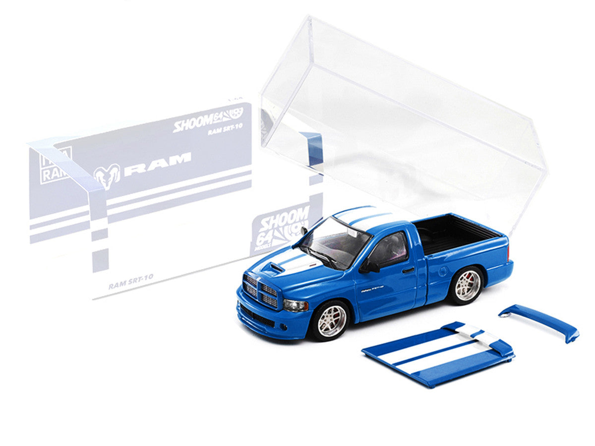2003 Dodge Ram SRT-10 Pickup Truck Electric Blue Metallic with White Stripes 1/64 Diecast Model Car by Shoom64 Models