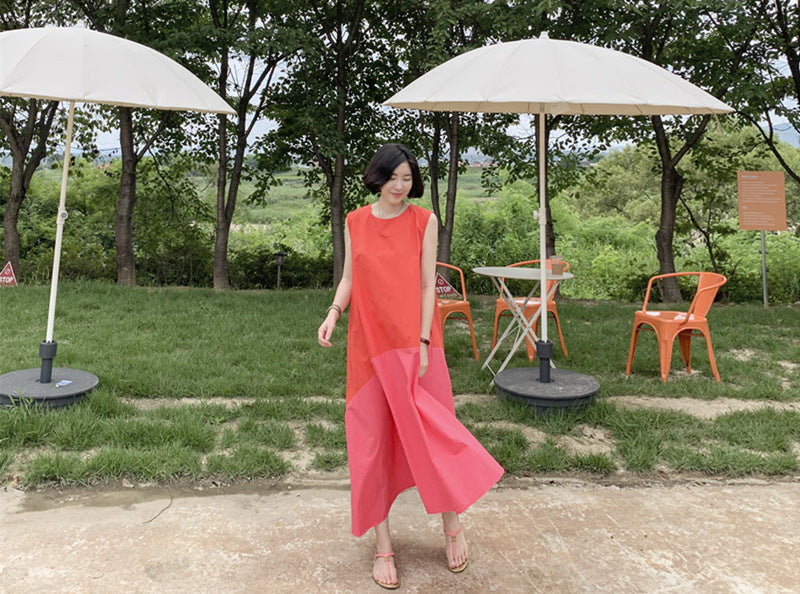Sleeveless contrast color stitching dress women