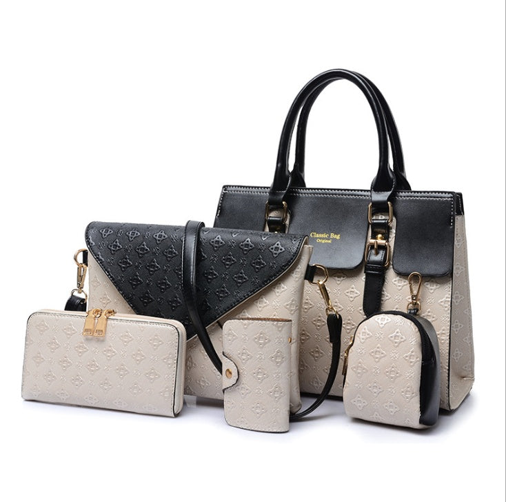 Luxury PU Leather Handbag Set for Women - Black Multi-Functional Crossbody Bags with Zip Pockets (Black/Gold/Blue/White Accents)