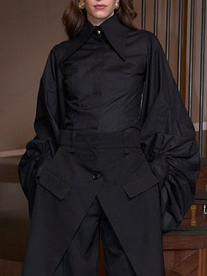 Black Oversized Collar Balloon Sleeve Shirt