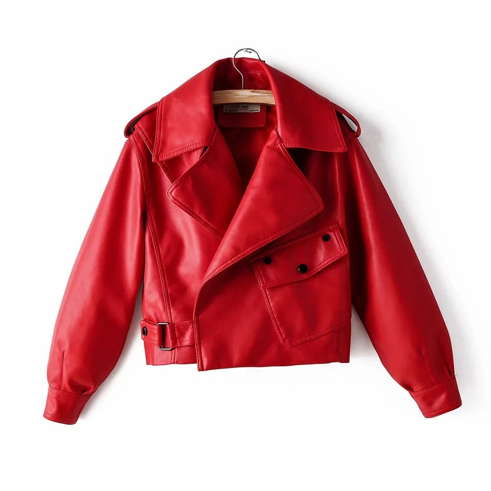 Women's PU Leather Motorcycle Jacket - Lapel Collar Street Style Biker Jacket (50-65cm Length)