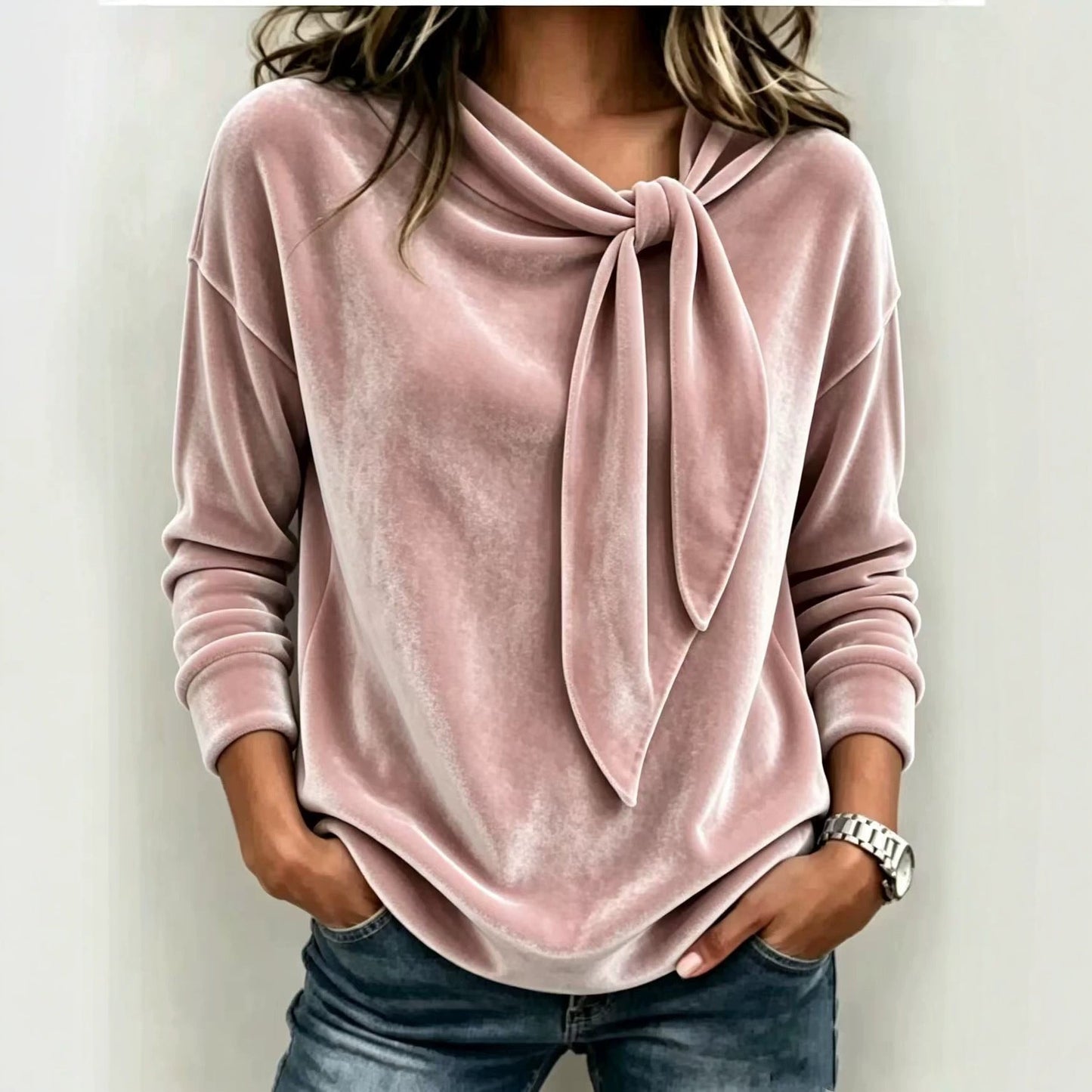 Womens Velvet Sweater With Bow-Knot