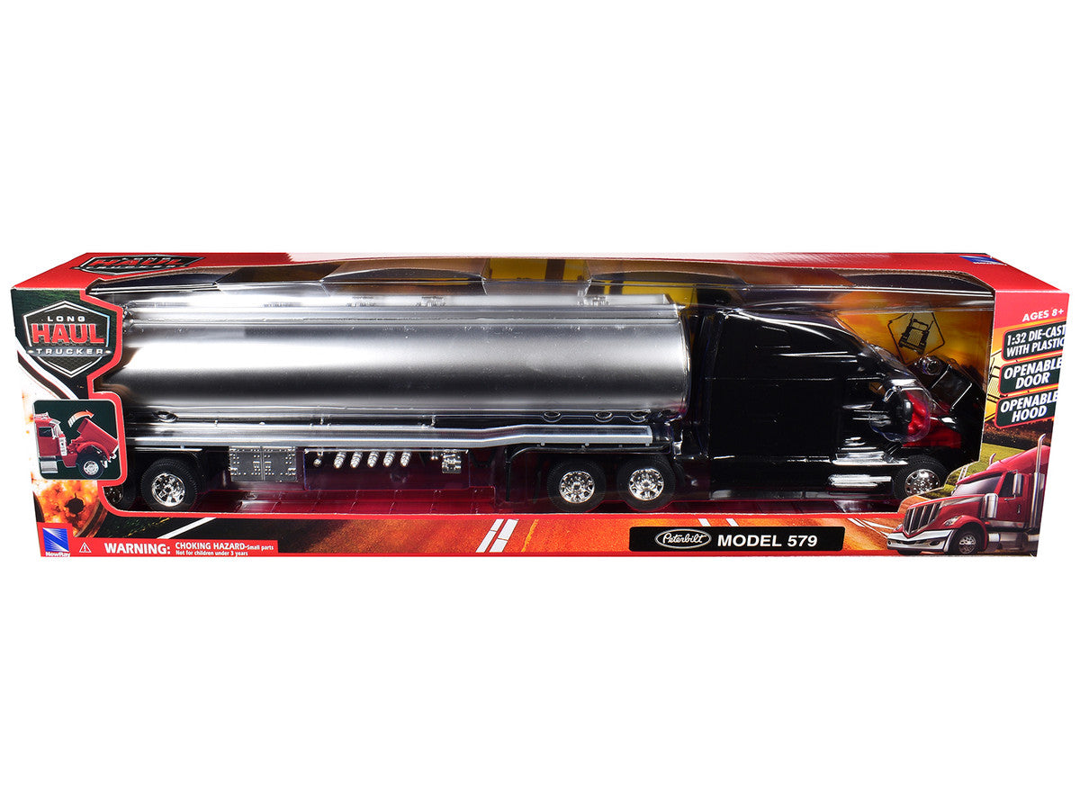 Peterbilt 579 Truck Black with Tanker Trailer Silver "Long Haul Truckers" Series 1/32 Diecast Model by New Ray
