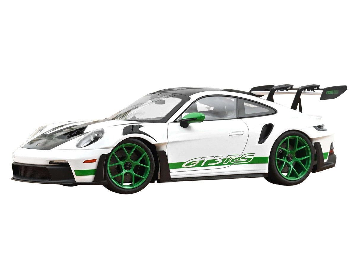2022 Porsche 911 GT3 RS with Weissach Pack "Tribute to Carrera RS" White with Carbon Hood and Top and Python Green Stripes 1/12 Diecast Model Car by Norev
