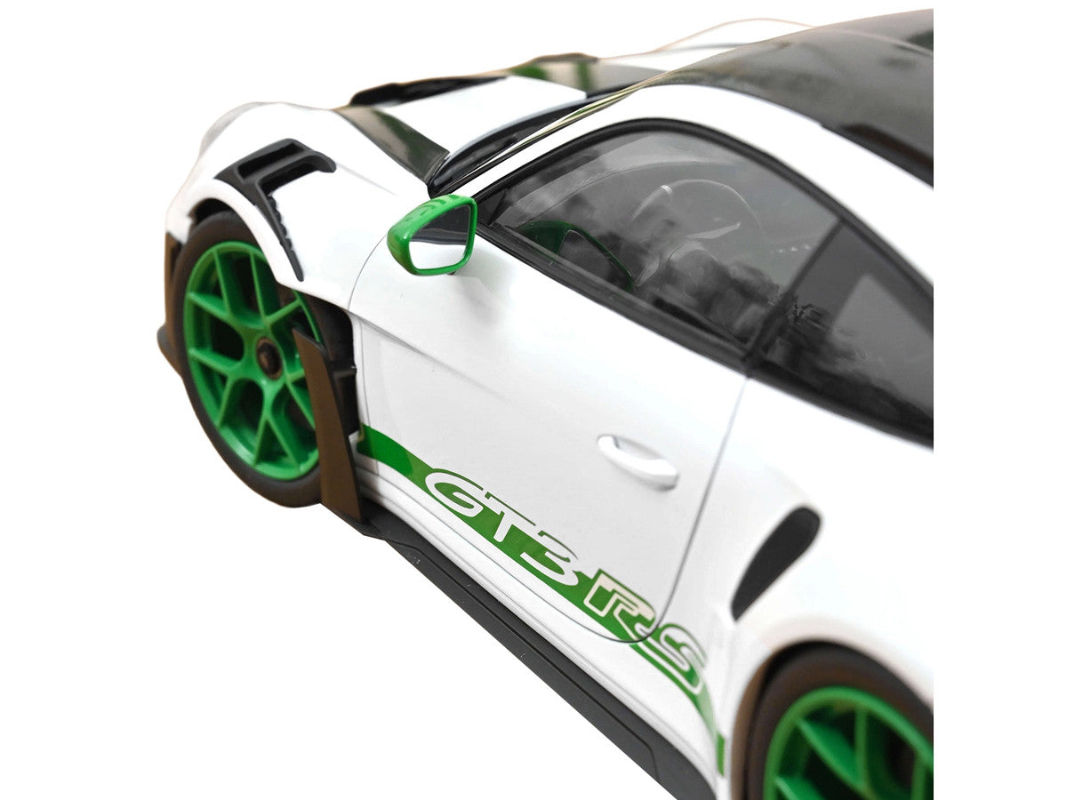 2022 Porsche 911 GT3 RS with Weissach Pack "Tribute to Carrera RS" White with Carbon Hood and Top and Python Green Stripes 1/12 Diecast Model Car by Norev