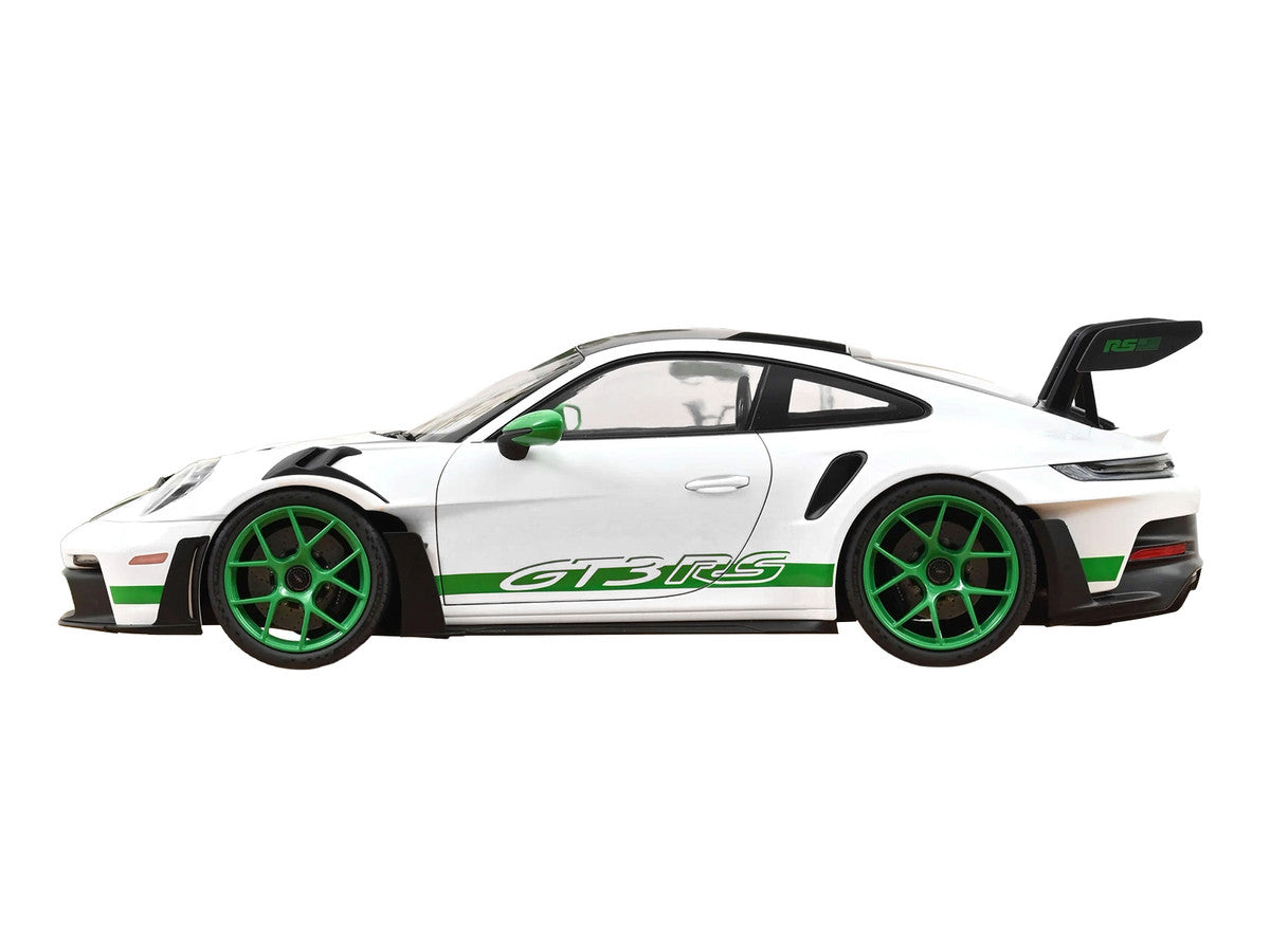 2022 Porsche 911 GT3 RS with Weissach Pack "Tribute to Carrera RS" White with Carbon Hood and Top and Python Green Stripes 1/12 Diecast Model Car by Norev