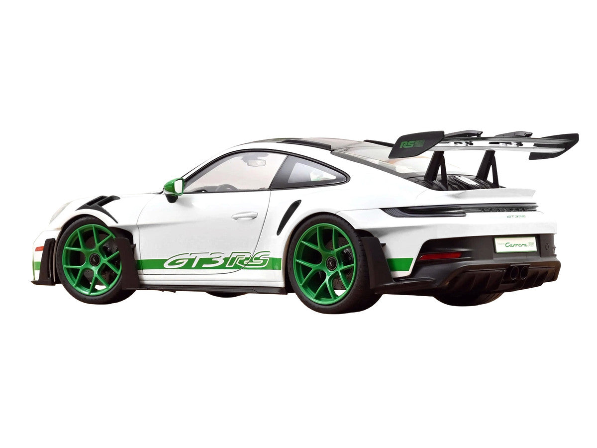 2022 Porsche 911 GT3 RS with Weissach Pack "Tribute to Carrera RS" White with Carbon Hood and Top and Python Green Stripes 1/12 Diecast Model Car by Norev