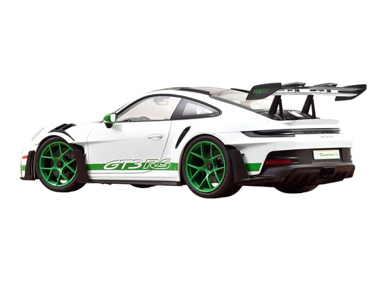 2022 Porsche 911 GT3 RS with Weissach Pack "Tribute to Carrera RS" White with Carbon Hood and Top and Python Green Stripes 1/12 Diecast Model Car by Norev