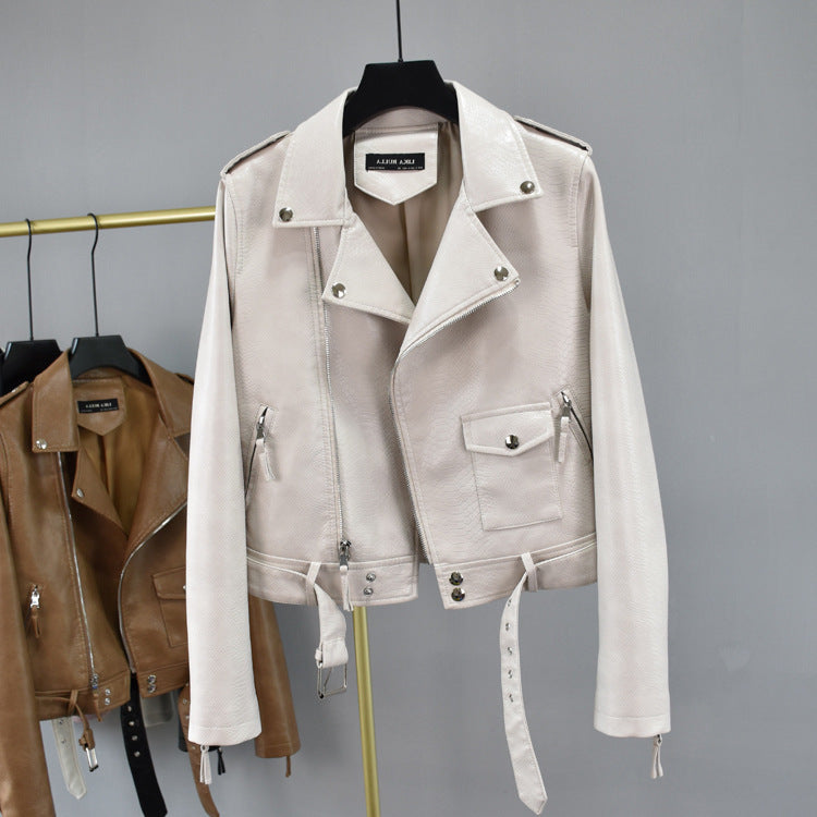 Cropped Hem Belt Snakeskin Leather Biker Jacket