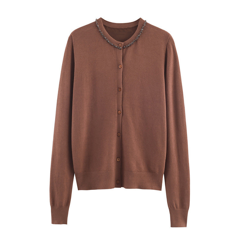 New Lightly Mature Round Neck Long Sleeve Jewelry Cardigan Top
