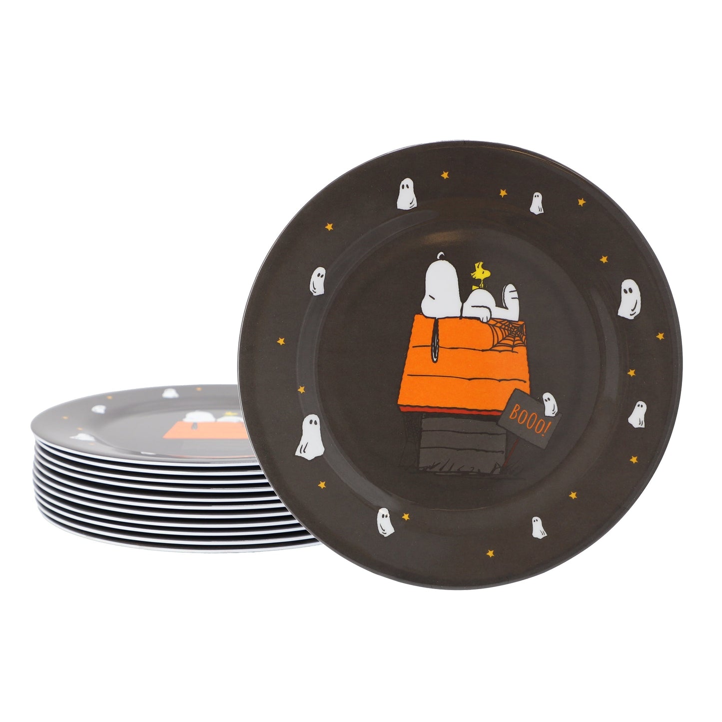 Peanuts Snoopy Pumpkin 12 Piece Melamine 10.5 Inch Dinner Plate Set in Black